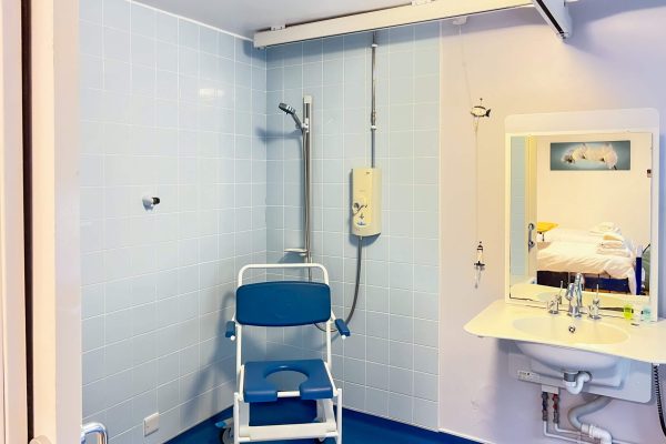 shower chair with sink and reflection to bedroom